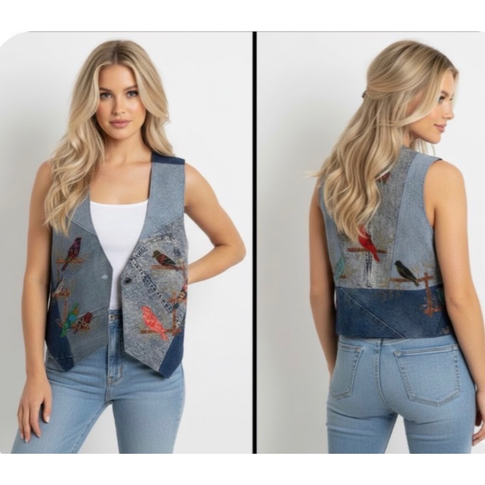Vintage Signed Colorful Bird Embroidered Gold Trim Denim Grandmacore Vest XXL